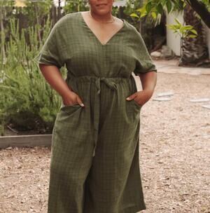 ODDBIRD Jumpsuit XL Divane Cotton Blend Dolman Sleeve Cinch Wide Crop Green NEW